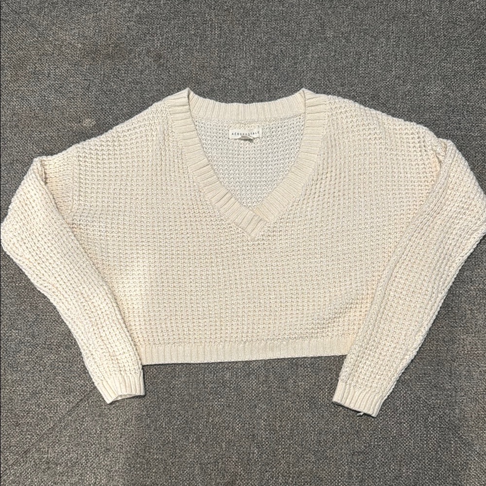 Aeropostale Cream V-Neck Sweater with Chunky Knit